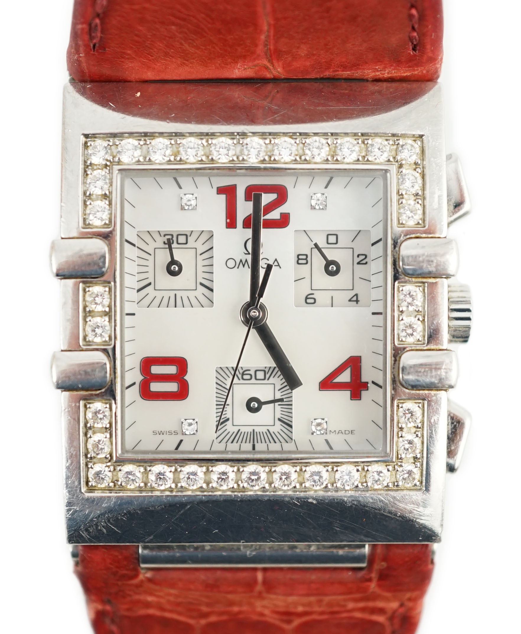 A lady's modern 2005 stainless steel Omega chronograph quartz rectangular wrist watch, with mother of pearl and diamond set dial and diamond set bezel